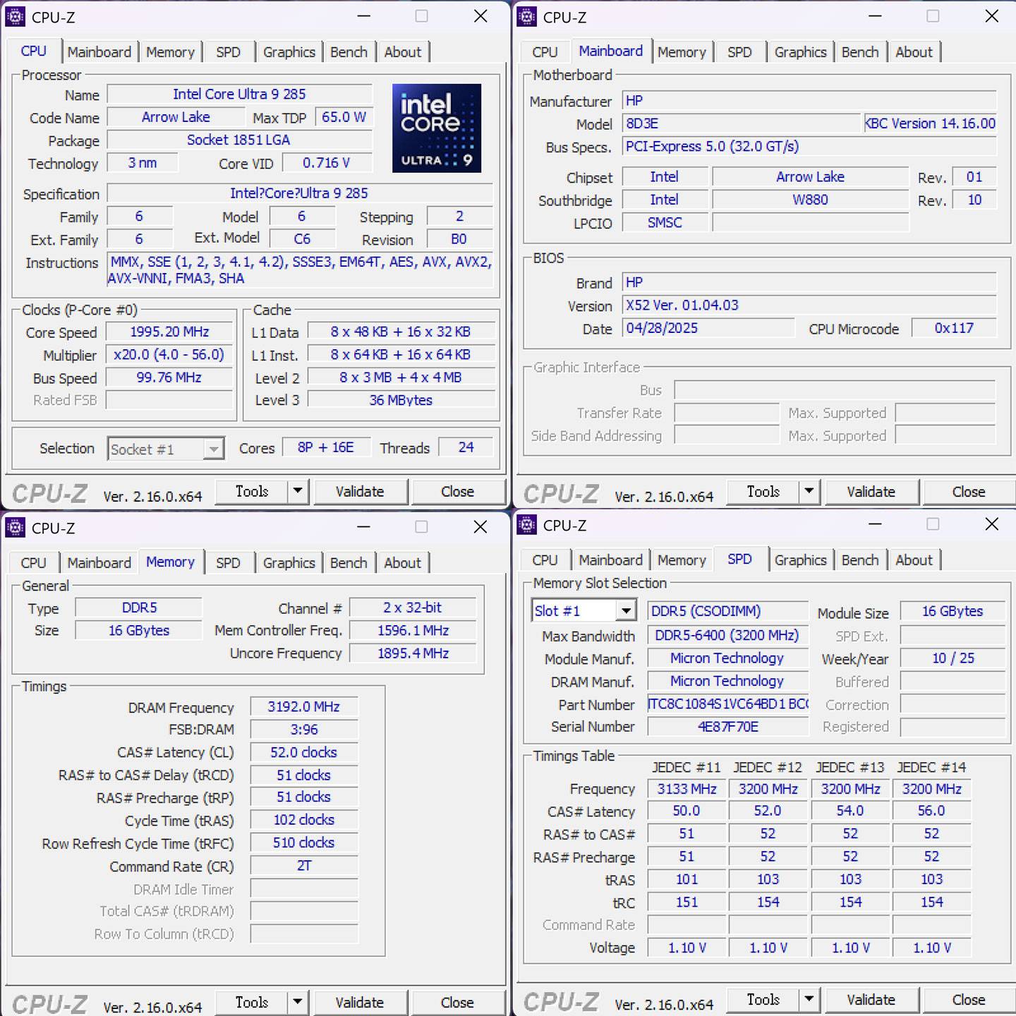 此次開箱的 HP Z2 Mini G1i 內建的是 Intel Core Ultra 9 285K 處理器，上圖可看到 CPU-Z 偵測顯示的 CPU 詳細規格、主機板規格與記憶體規格資訊。