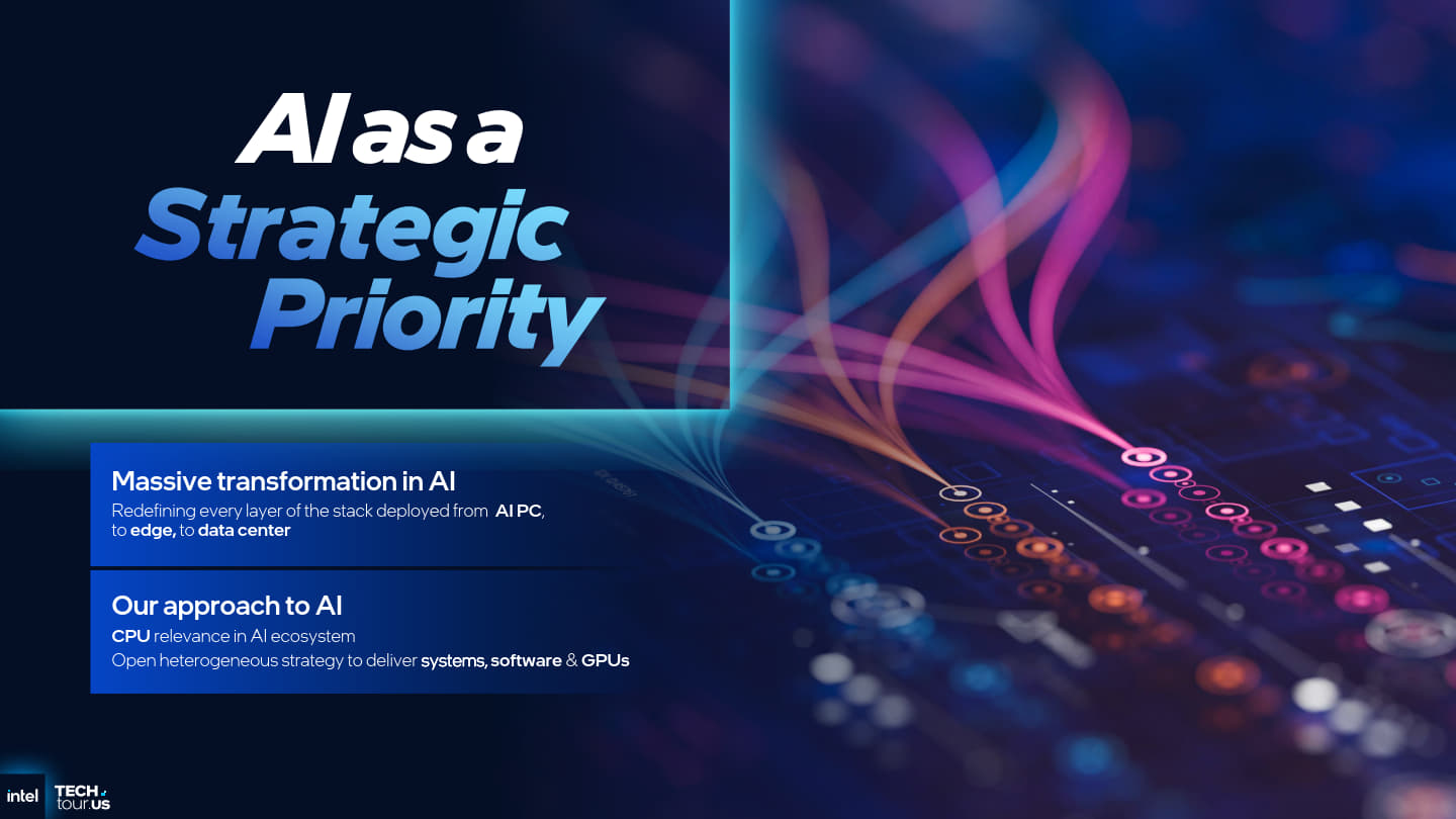 Sachin Katti提到AI是Intel的優先策略，不但具有從AI PC到邊緣運算、資料中心的軟、硬體堆疊，並引入異質運算的策略，以CPU為中心透過軟體連接各種系統與GPU。