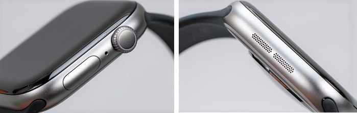 Apple Watch Series 11 按鍵配置也維持不變，右側有數位錶冠、側邊按鍵，左側則有揚聲器/透氣孔。