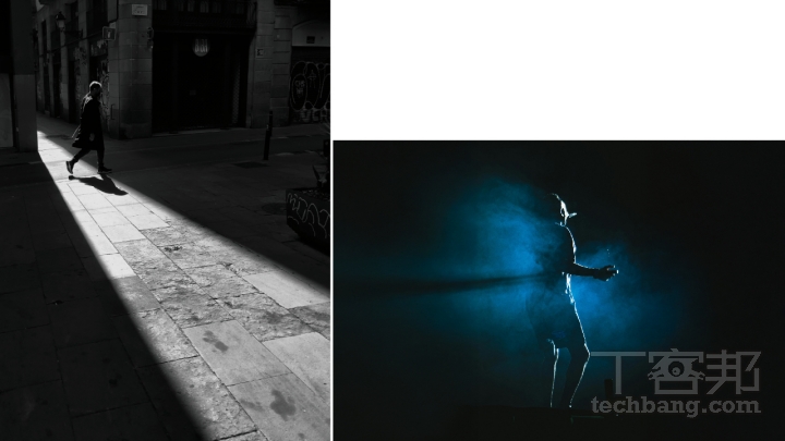 這兩張照片異曲同工之處在於，利用犧牲暗部細節來達到強化亮部情緒的目的，使觀者直接將目光停留在畫面的重點處。