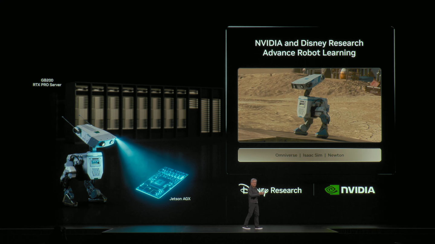 NVIDIA與Disney Research合作的Blue機器人也在物理AI的虛擬環境中訓練，並強化它對周圍環境的適應力。