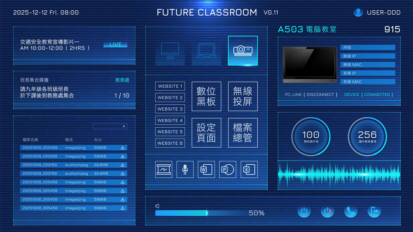 Acer 未來教室管理系統，可以整合教室中的智慧觸控大螢幕，提供多樣功能，也能即時顯示重要的校園資訊內容。