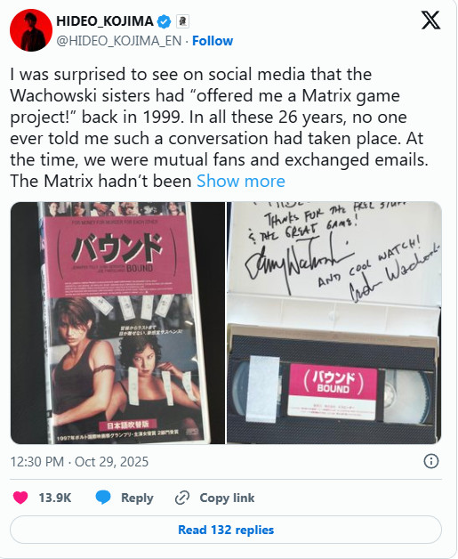 小島秀夫提及自己差點要製作《駭客任務》遊戲版：26年來沒人跟我提過這件事！