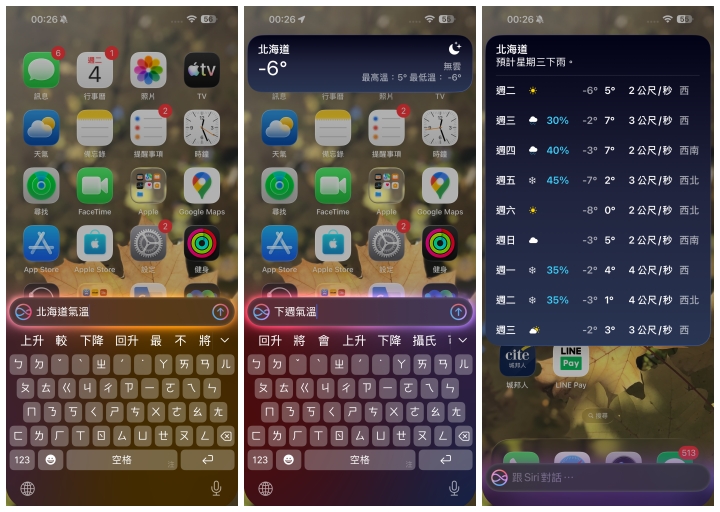 在不方便開口呼叫 Siri 時，只要在 iPhone 或 iPad 螢幕底部輕點兩下，並於出現的視窗中輸入要詢問的問題，如北海道氣溫，很快就會提供上螢幕上方。且 Siri 同時更能理解上下文，接著問下周氣溫，就會顯示北海道一周的天氣。