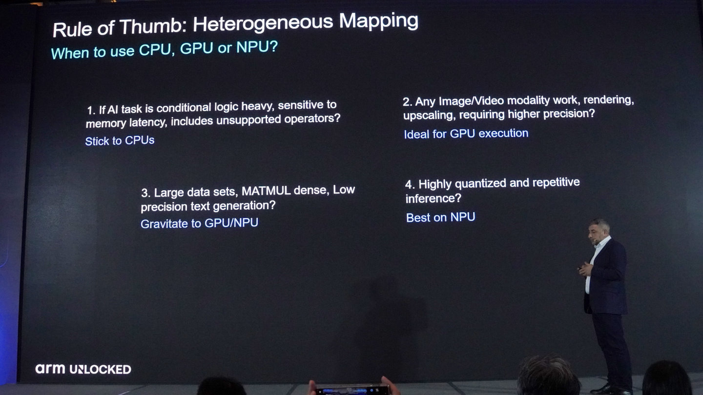 總結來說，CPU適合對記憶體延遲敏感的負載，GPU適合與影像相關的應用，NPU適合高度量化與重複的推論工作。