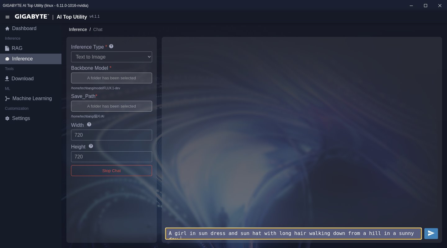 在圖像生成的工作時，我們將推論的類型切換為文生圖，然後選擇 FLUX.1-dev 模型。