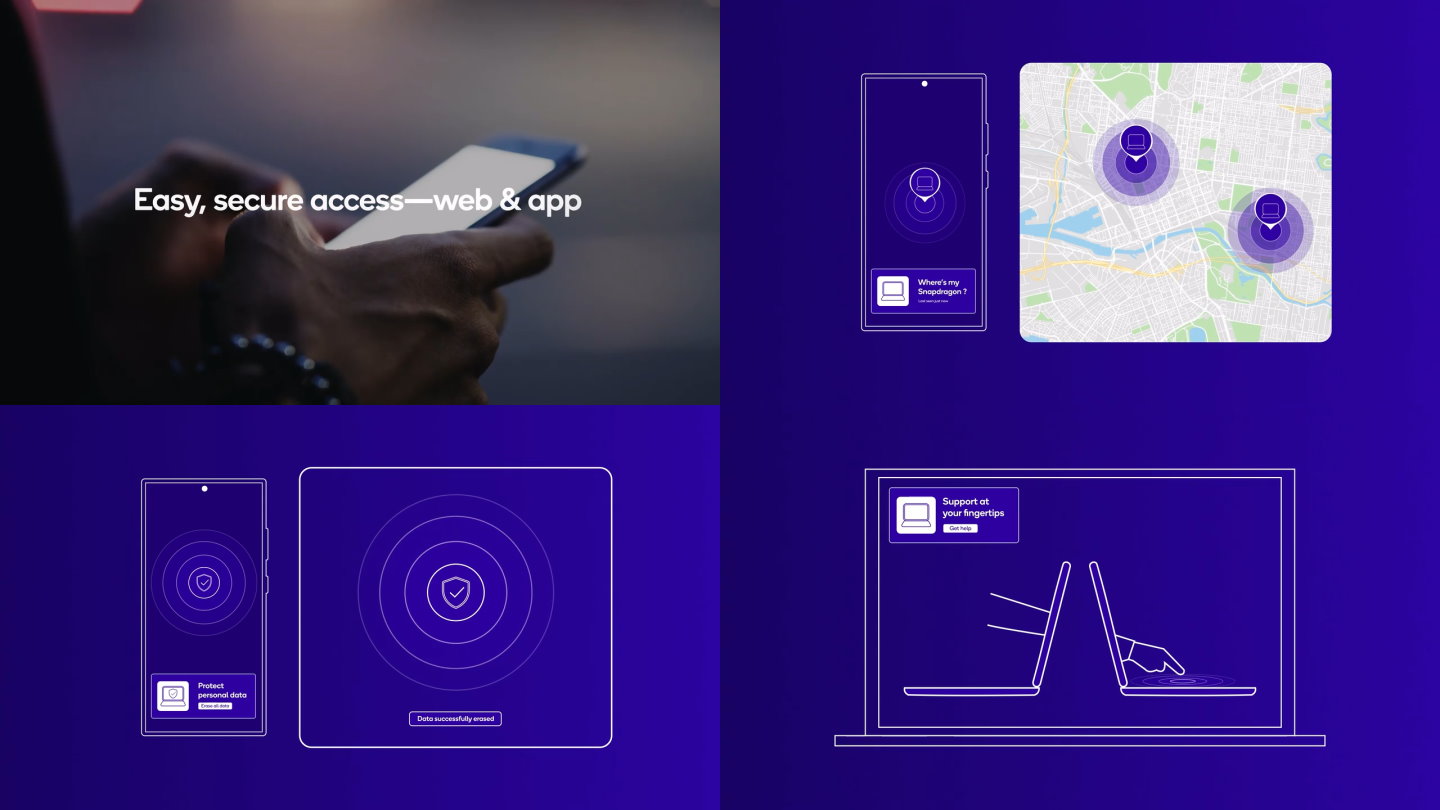 Snapdragon Guardian的尋找裝置、清除裝置資料、遠端操作等資安進階功能可以透過網頁或App操作，提供有如行動裝置的資安防護功能與體驗。