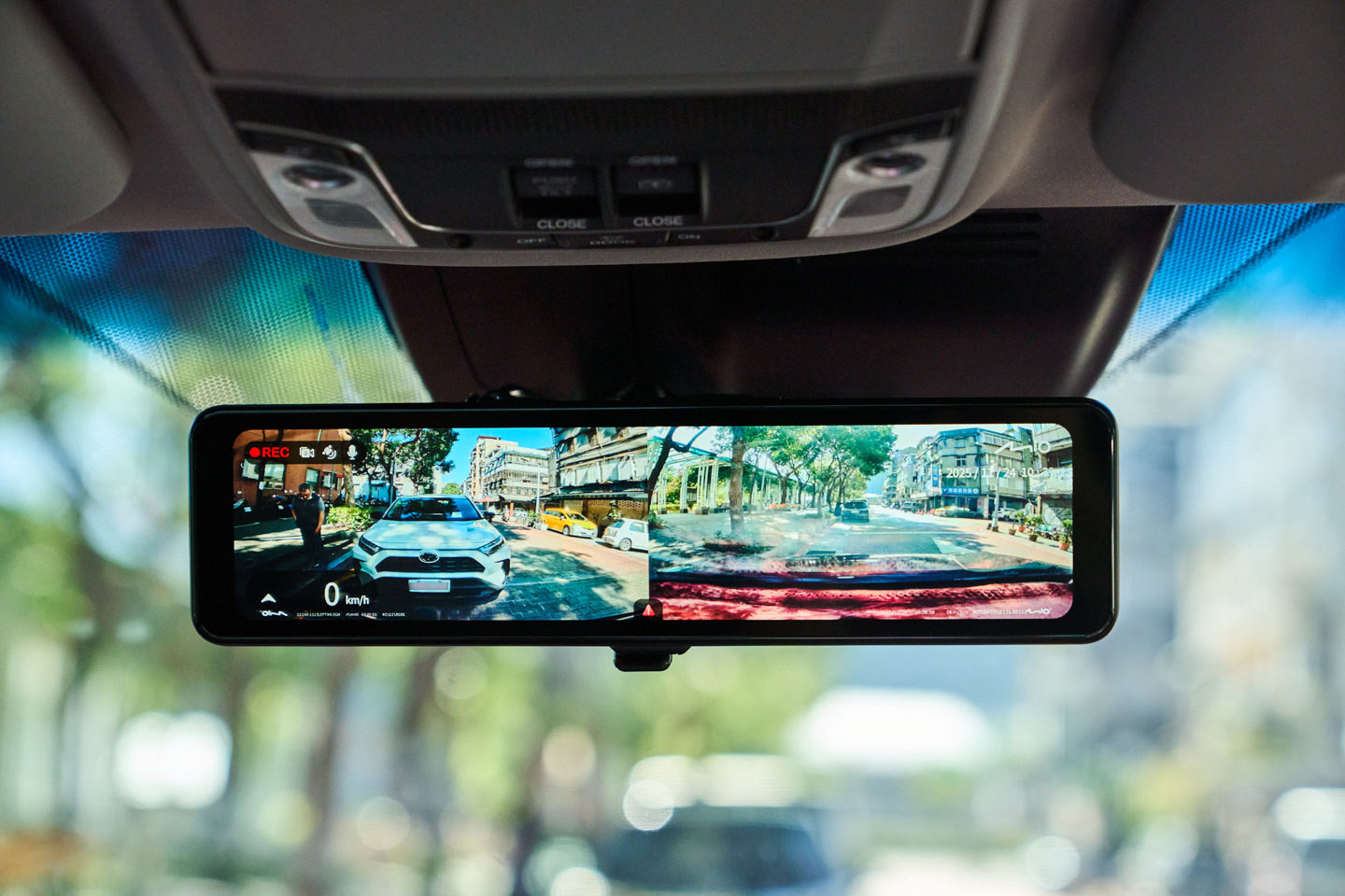 如果切換到左右分割的雙視角模式,MiVue R890WD 的 11.26 吋大螢幕就派上用場。即使同時顯示前後鏡頭畫面,兩邊的影像還是很清楚。