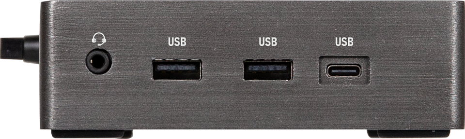 機身前方具有2組USB 3.2 Gen2，以及支援DisplayPort Alternate Mode影像輸出的USB 3.2 Gen2 Type-C以及耳機麥克風端子各1組。