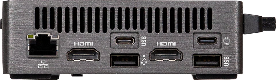 機身背面則具有2組HDMI，以及USB4、USB 3.2 Gen2、USB 2.0、2.5GbE  RJ-45，以及作為電源輸入的USB Type-C端子各1組。