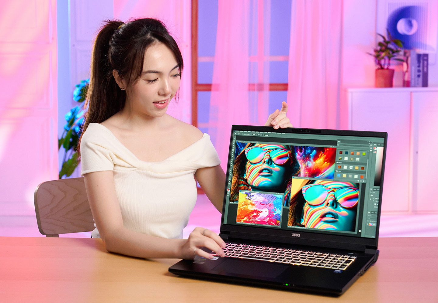 捷元 ZEUS 18G 搭配了 18 吋的 QHD+ 解析度顯示器，16:10 的比例有著更寬闊的顯示範圍，因此也非常適合用在內容創作與專業工作上。