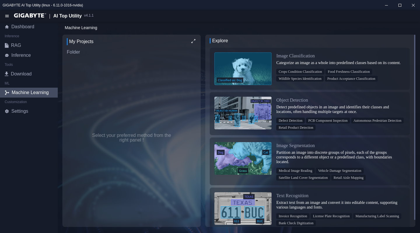 在機器學習頁面則提供影像分類、物件偵測、影像標註、文字辨識等範例，協助使用者開發AI應用程式。