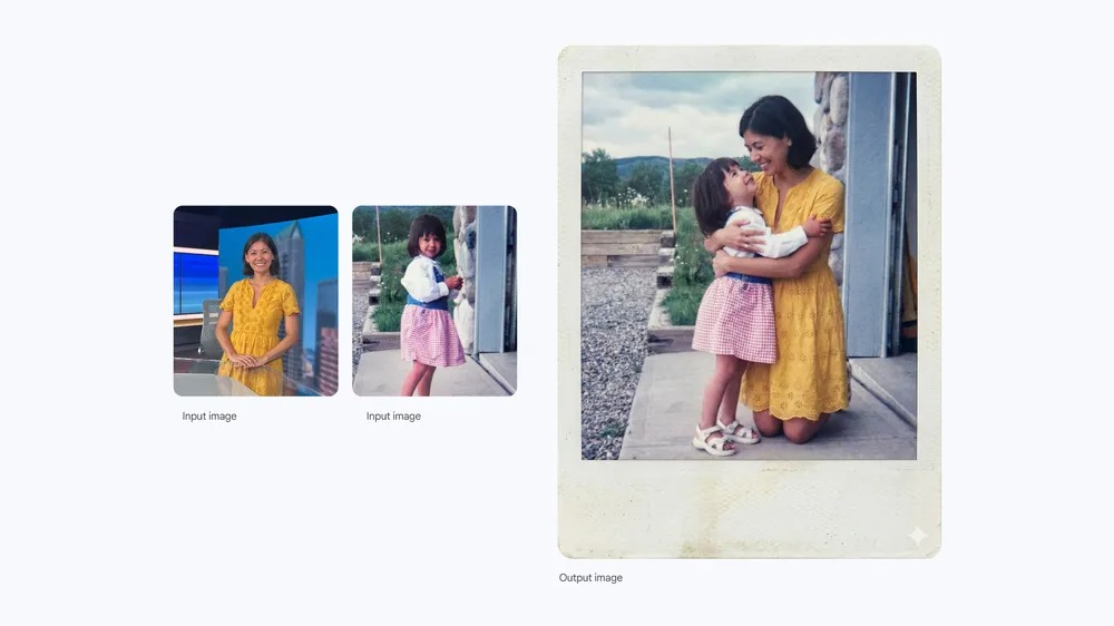 提示詞:這是我小時候的照片和我現在的照片。請製作一張看起來像用拍立得拍攝的照片,畫面中成年的我正擁抱著年幼的我。不要改變長相。