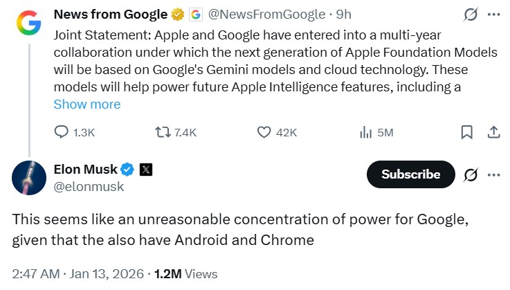 新一代 Apple Intelligence 將導入 Gemini，馬斯克批「權力過度集中」