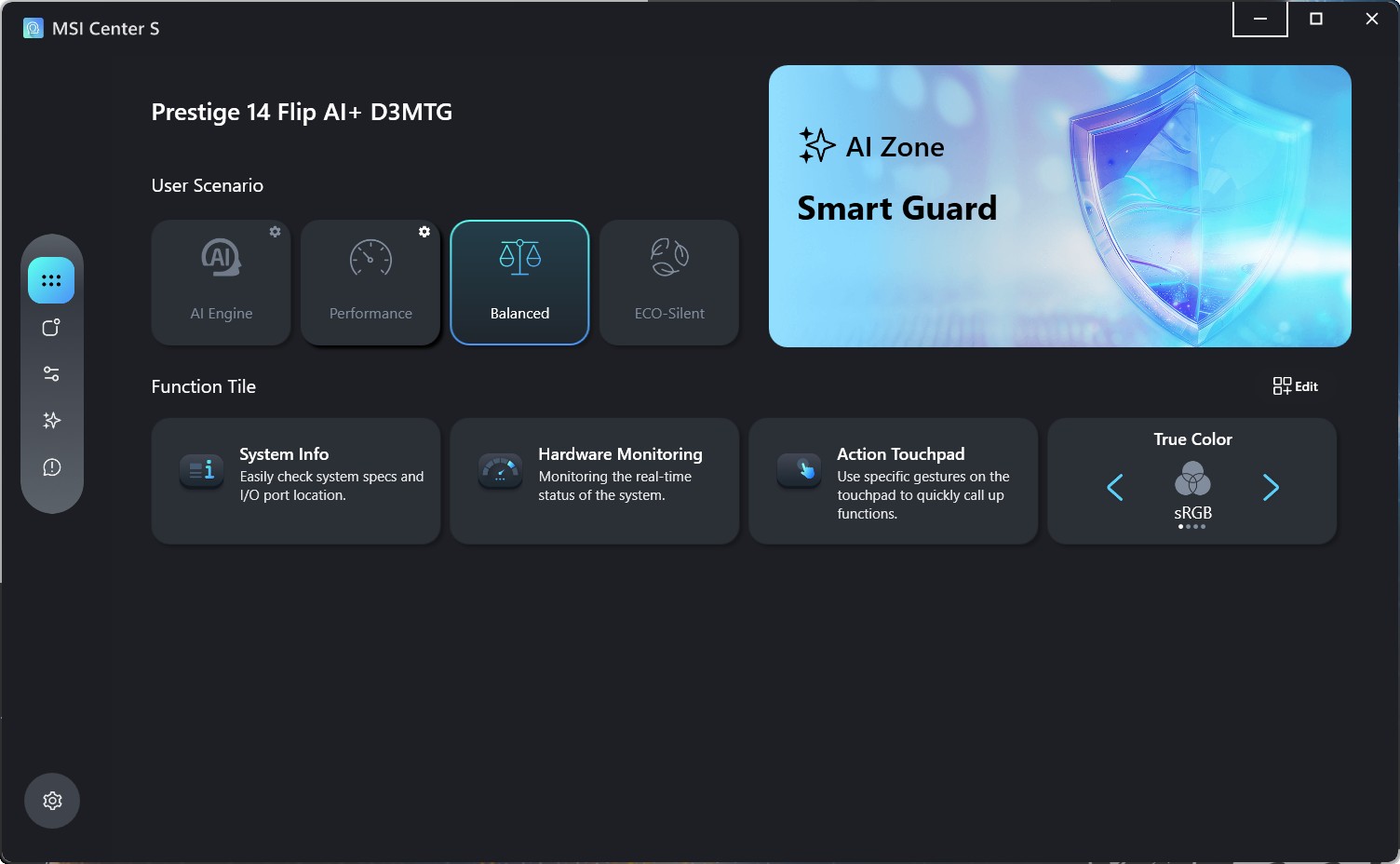 測試過程在MSI Center S控制程式中選擇「平衡」電源模式。