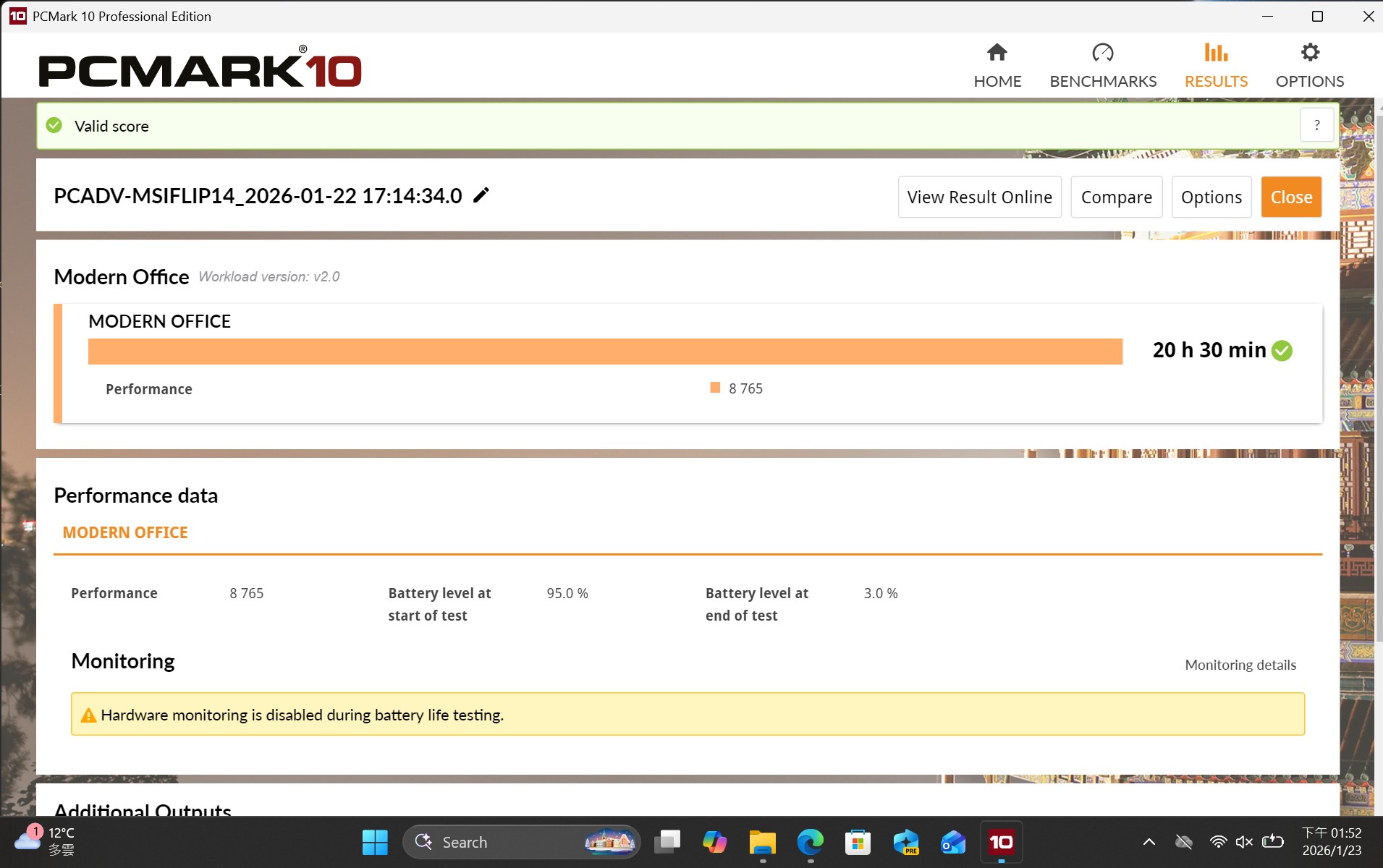 PCMark 10 Modern Office測試項目模擬一般日常辦公室使用情境，Prestige 14 Flip AI+在螢幕亮度最高的情況下續航力為驚人的20時30分鐘。如果使用時降低螢幕亮度，還能更加延長續航時間。