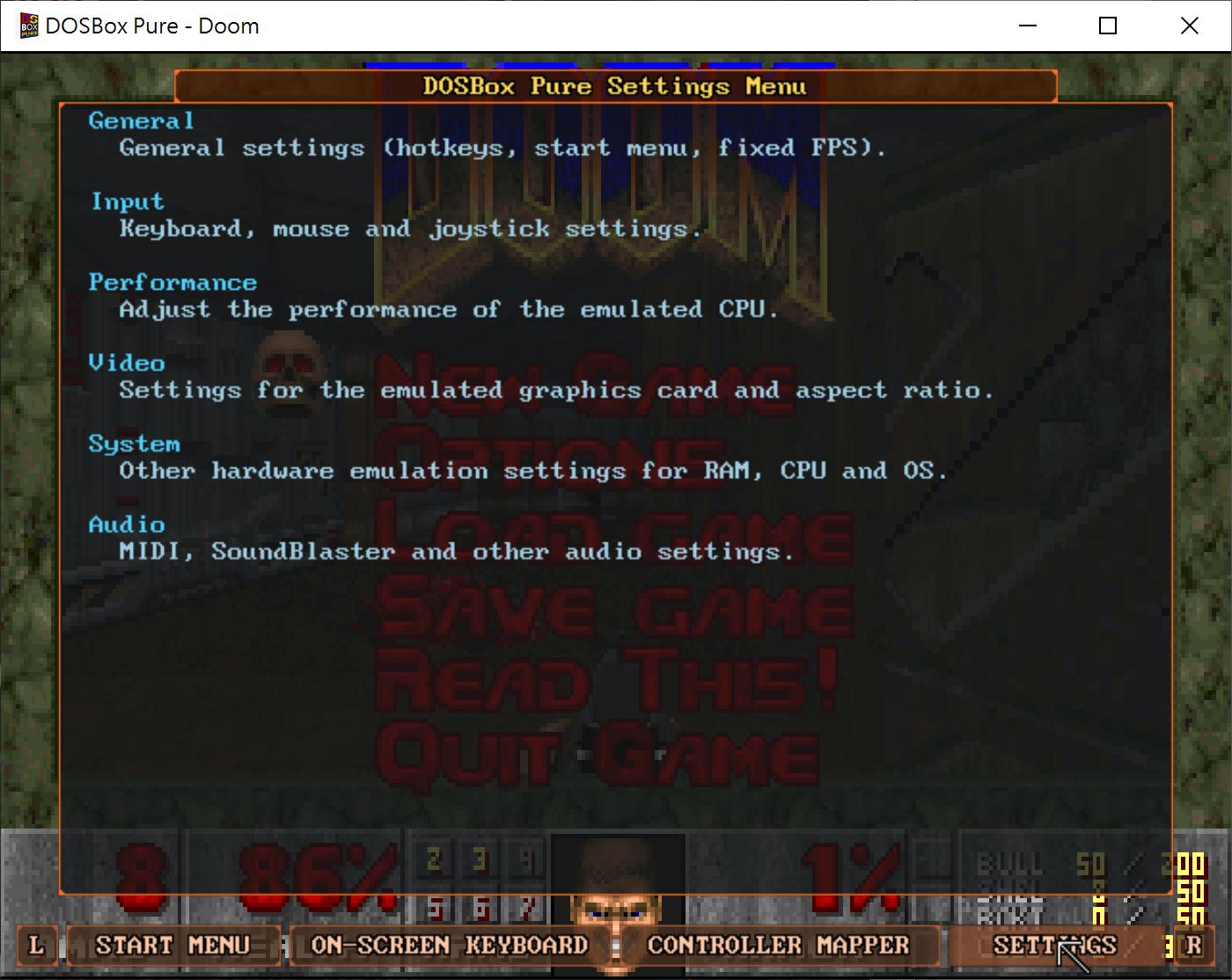 「Sitting」（設定選項）分頁提供多種詳細選項，依序分為一般、輸入、效能、畫面、系統、音效等多個分類。