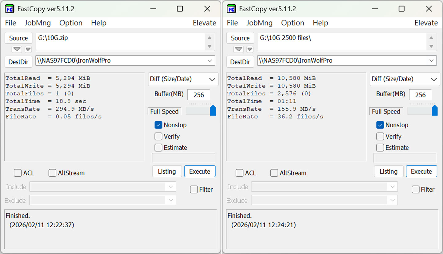 透過 FastCopy 進行檔案傳輸測試，將檔案複製路徑指向安裝 IronWolf Pro 32TB 版的 QNAP TVS-h874 資料夾 ，並以 10G 大小的單檔（圖左）與多檔（圖右）進行兩次實測，分別獲得平均 294.9 MB/s 與 155.9 MB/s 的傳輸速度成績。