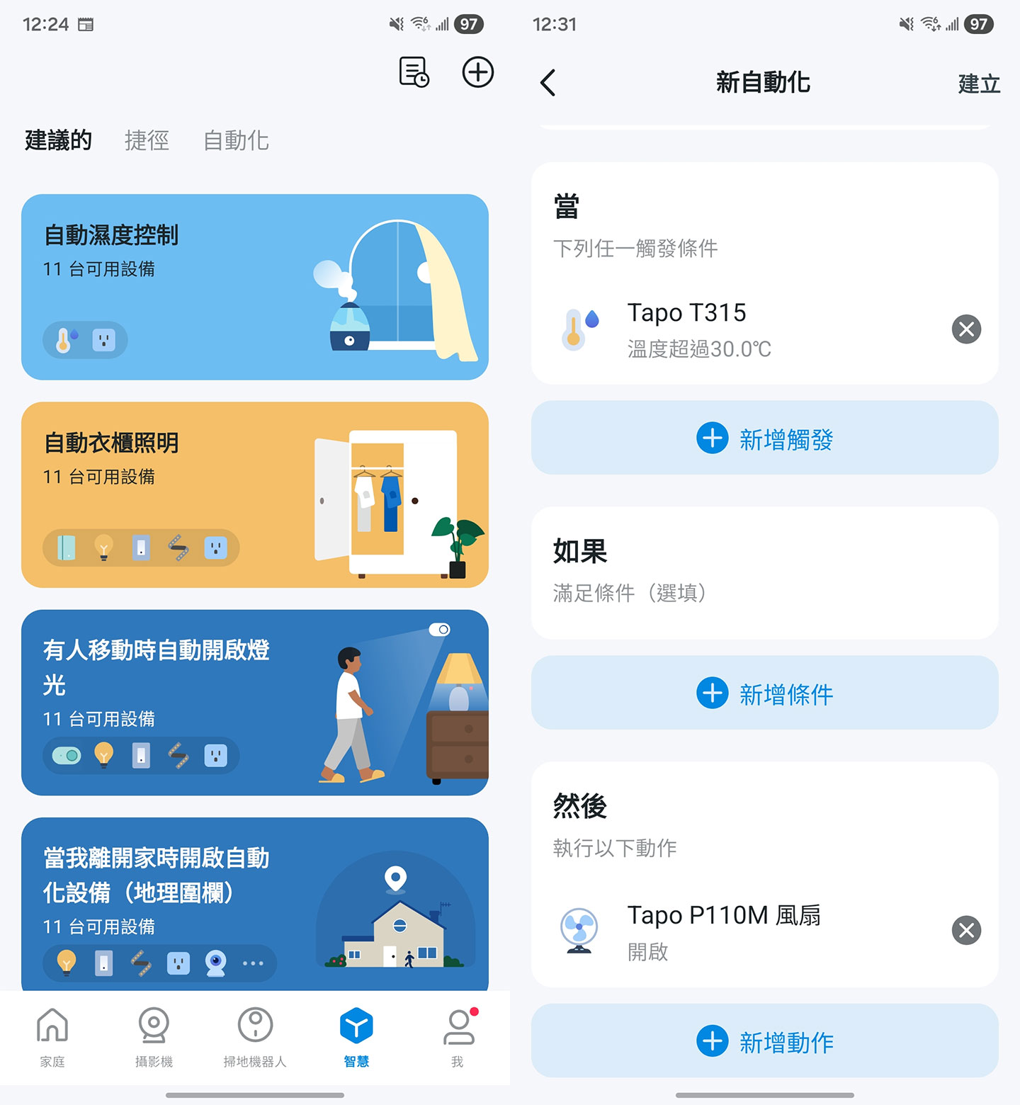 在 Tapo App 中可以切換至「智慧」分頁，可以看到許多已經預先設置好條件的建議自動化模式，我們也能依照自己的需求來設定客製化自動化條件，像是前面提到透過溫濕度感測作為條件，若溫度超過一定標準即可觸發啟動連結 Tapo P110M 的風扇，為環境進行通風降溫。