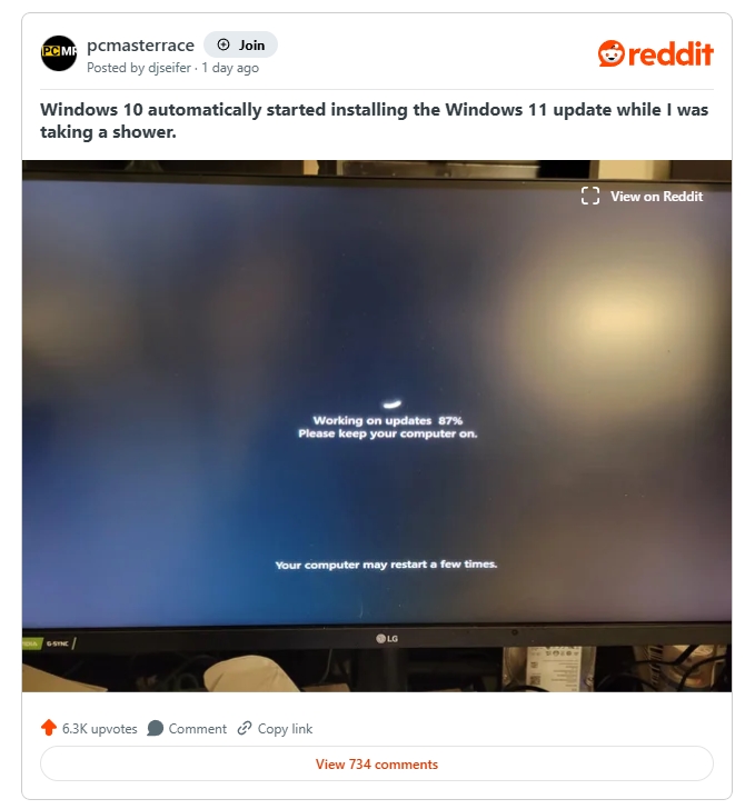 「我只是去洗個澡...」死忠 Win10 用戶上網抱怨，電腦竟慘遭強制升級 Win11