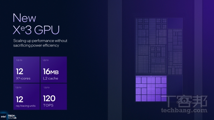 顯示晶片最多搭載 12 組 Xe3 架構 Xe 核心，並搭配 16MB L2 快取記憶體。