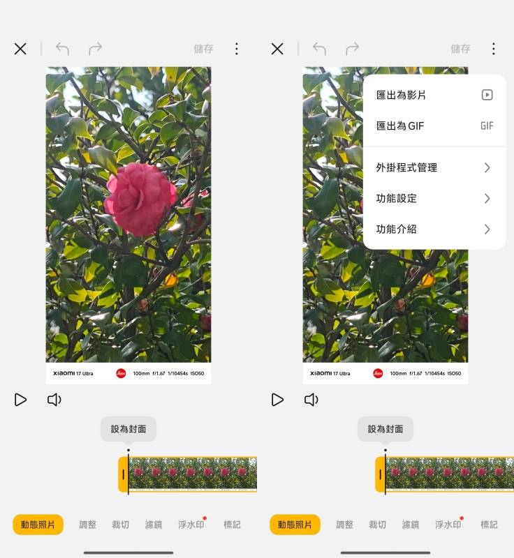 使用實況運境拍出來的照片會儲存成動態照片，還可以另存為 GIF 或影片，不過轉成 GIF 時檔案略小，只有 256 × 496。
