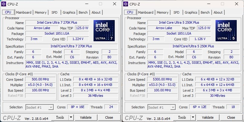 Core Ultra 7 270K Plus與Core Ultra 5 250K Plus的CPU-Z資訊。