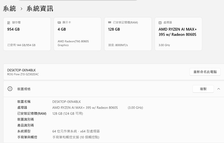 核心規格是搭載 Ryzen AI Max+ 395 處理器，內建 AMD Radeon 8060S 顯示晶片，以及 128GB LPDDR5X-8000 記憶體，作業系統為 Windows 11 家用版。