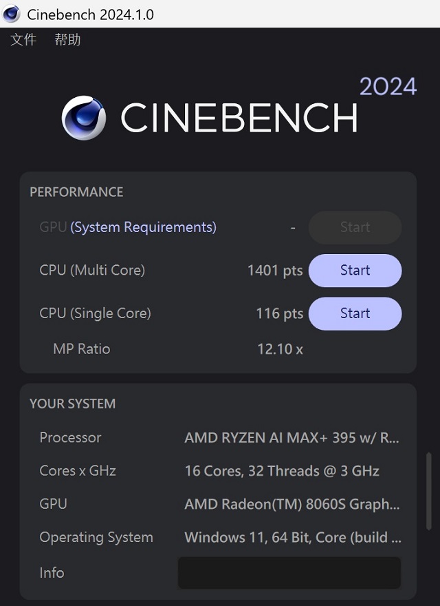 於 CINEBENCH 2024 測試中，CPU 多核心為 1,401 pts，單核心為 116pts，多、單核心的效能差距倍數為 12.10x。