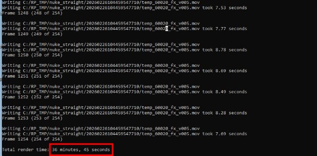 透過 Nuke 進行 4K 影集合成，使用他牌主機板時記憶體滿插只能運行 3600MHz 的情況下，花費 36 分 45 秒完成轉檔。