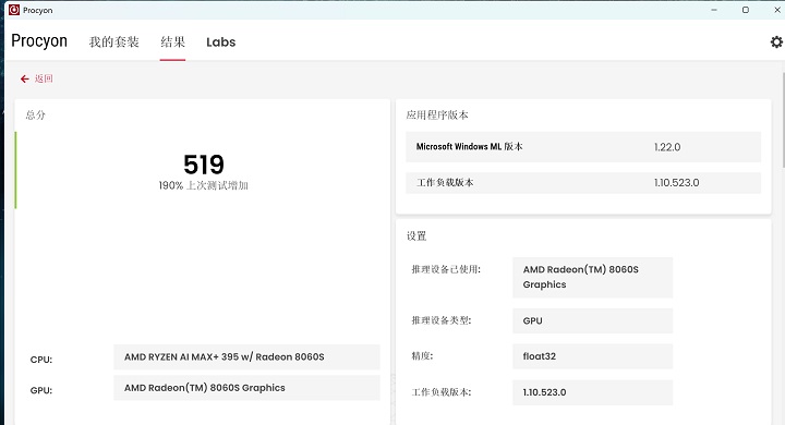 在 UL Procyon AI Computer Vision Benchmark 下的 Microsoft Windows ML，選定 GPU、精度選擇 Float 32 進行測試，獲得 509 分。
