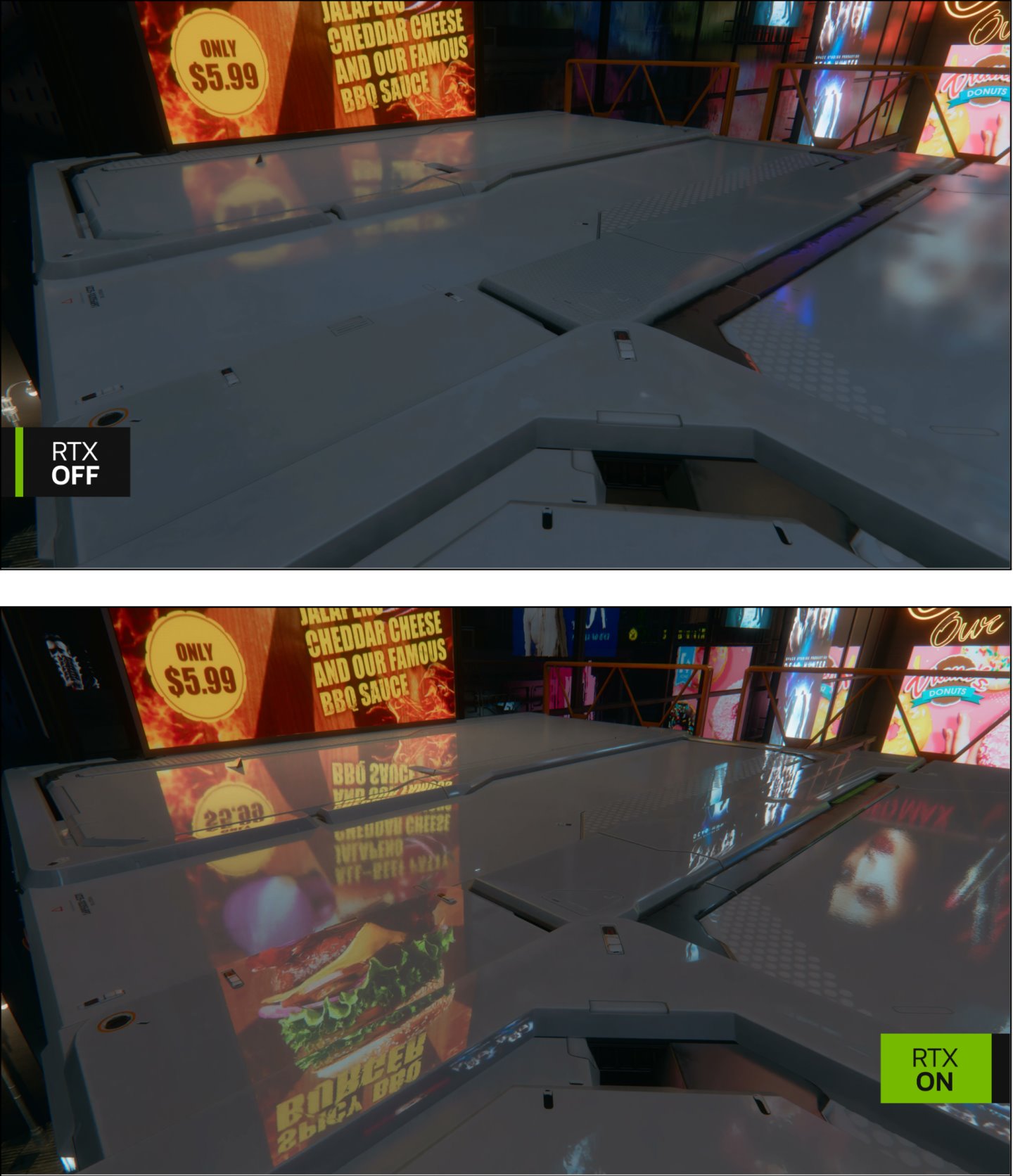 參考NVIDIA提供的參考圖片，可以看到開啟路徑追蹤後（下），反射在金屬表面的文字相當清晰。