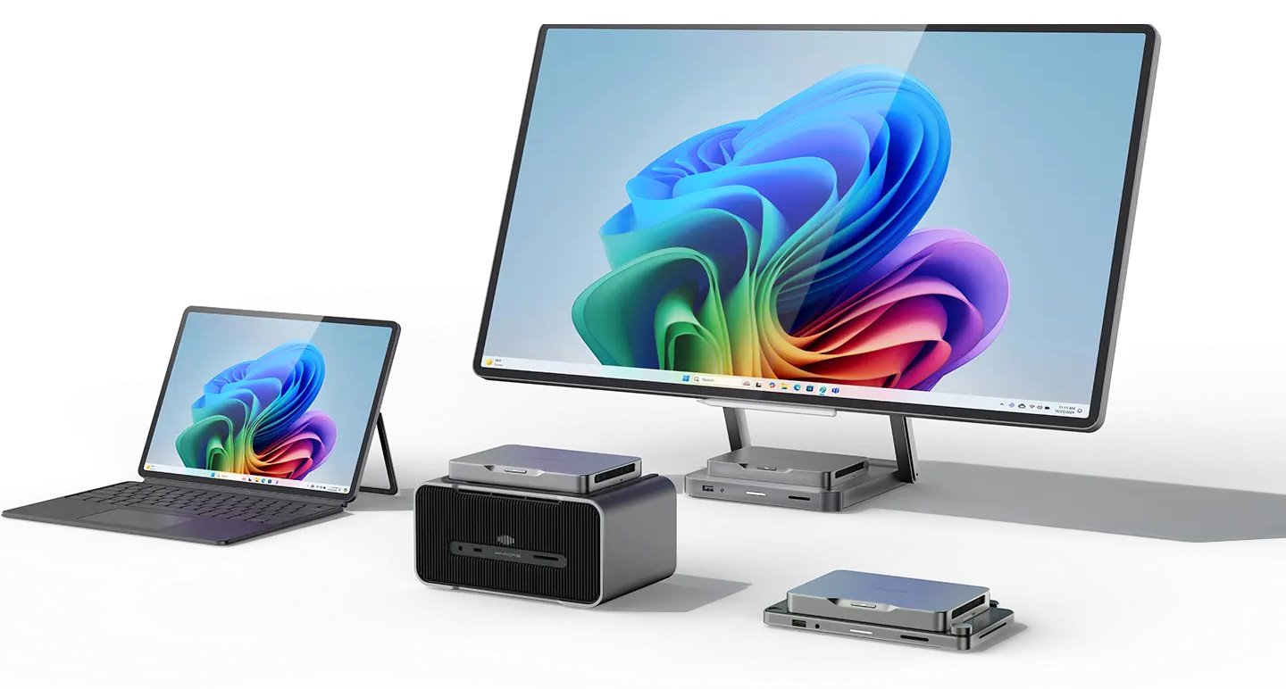 Mind-Pro可以搭配多種不同擴充底座，圖中前排左起為Mind xPlay、Mind Graphics 2、Mind Dock。