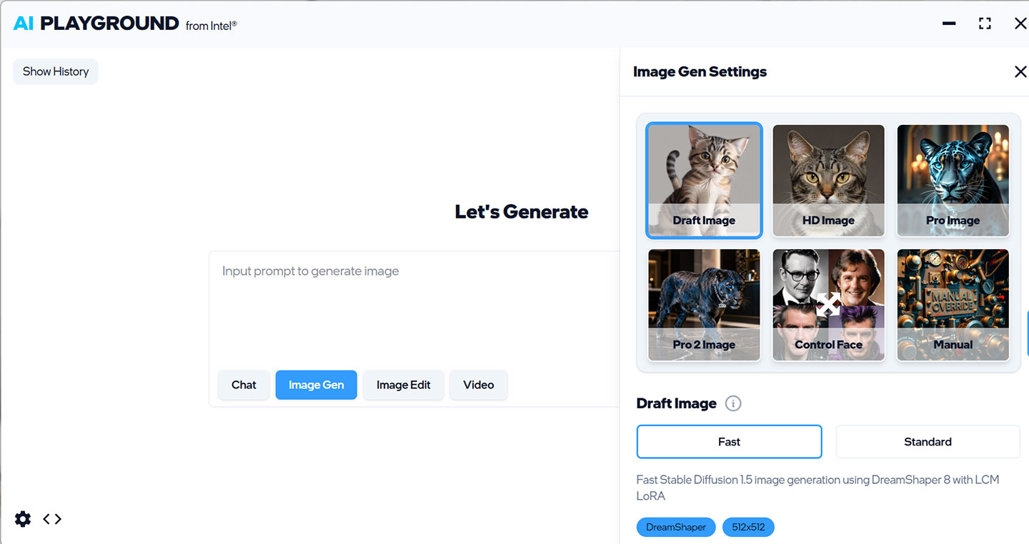 我們也可以在 AI Playground 中將選項切換至圖片生成（Image Gen），右方會出現不同類型的生成設定選項，可以讓我們自由選擇風格、圖像生成品質、隨機性…等參數。