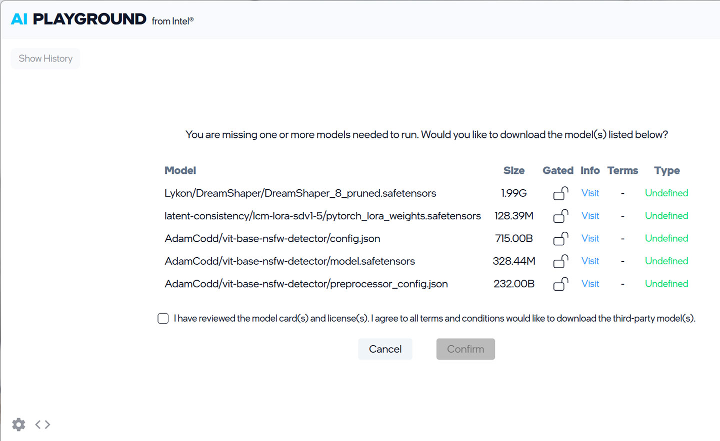 依據我們選擇的圖像生成風格、品質，AI Playground 也會列出對應的模型與環境依賴，直接點選下載即可完成安裝。
