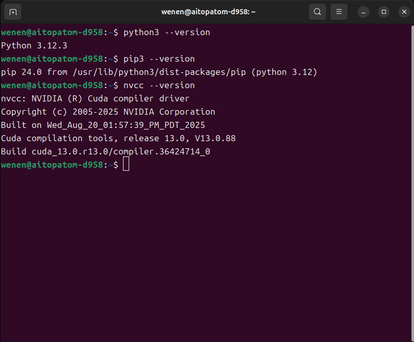開啟終端機之後，先確認「$」符號前有「~」符號，代表現在終端機的工作目錄為使用者的「家目錄」。接著輸入下列指令查看Python（Python環境主程式）、pip（Python套件管理系統）與nvcc（NVIDIA CUDA編譯器驅動程式）的版本，確認Python版本高於3.8，並且已安裝pip與nvcc。