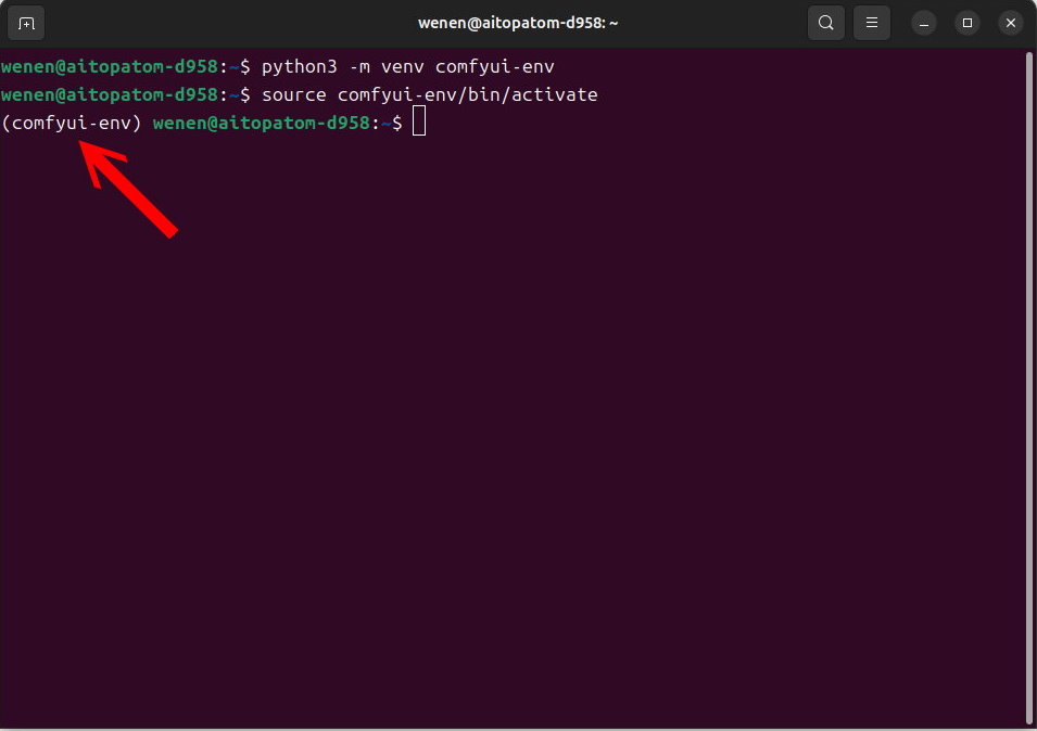 輸入下列指令建立1組名為「comfyui-env」的虛擬環境，並啟動該虛擬環境。成功啟動後，應該會在終端機的指令列看到（comfyui-env）的字樣。