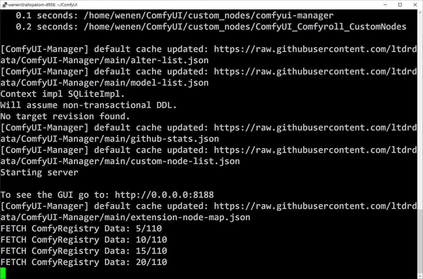 等待Comfy UI開啟，終端機會顯示「To see the GUI go to: http://0.0.0.0:8188」。