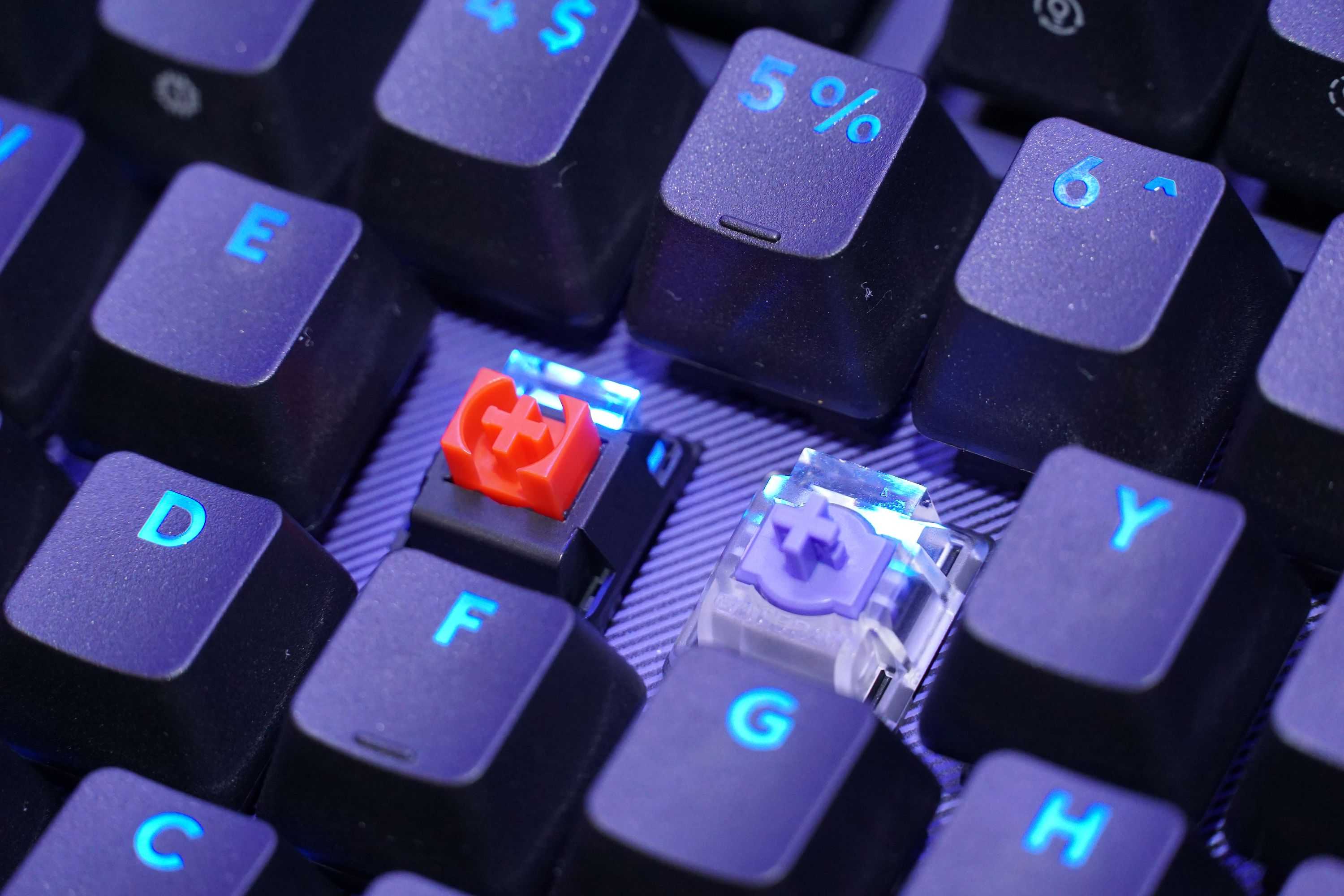 紅色軸體為機械軸、透明外殼軸體為 TMR 類比磁軸，兩種軸體可共存於同一鍵盤。