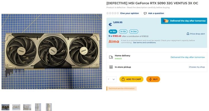 壞掉的 RTX 5090 也能賣？法國商家開賣一批5090「戰損卡」，價格竟與全新 5080 相當