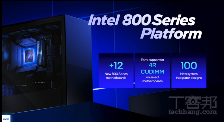 Intel Core Ultra 200S Plus 系列相容現有的 Intel 800 系列晶片組主機板，更支援 4-Rank CUDIMM 記憶體模組，以及最高 8000 MT/s 的超頻保固。