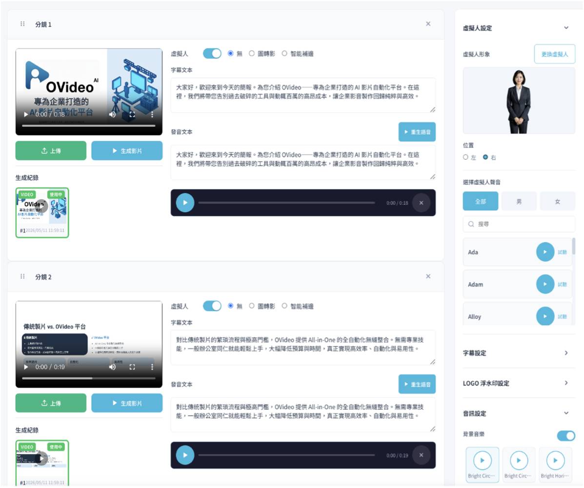 光禾感知 OVideo Presenter 模式提供逐頁分鏡編輯介面，使用者可自由調整虛擬主播形象、語音角色、字幕與背景音樂等設定；與 ibon 合作則為 Presenter 模式中的部分服務。 （圖：光禾感知提供）
