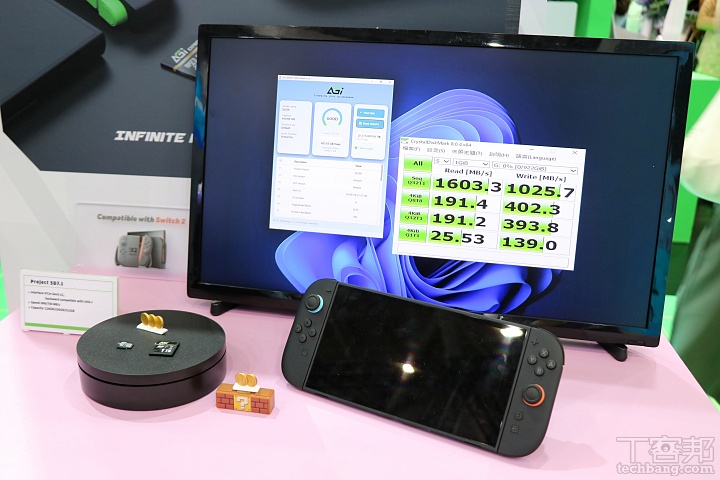 針對 Nintendo Switch 2 玩家，AGI 展示 Project SD7.1 記憶卡產品，支援高速傳輸與大容量儲存需求，滿足數位版遊戲與大型資料存取應用。