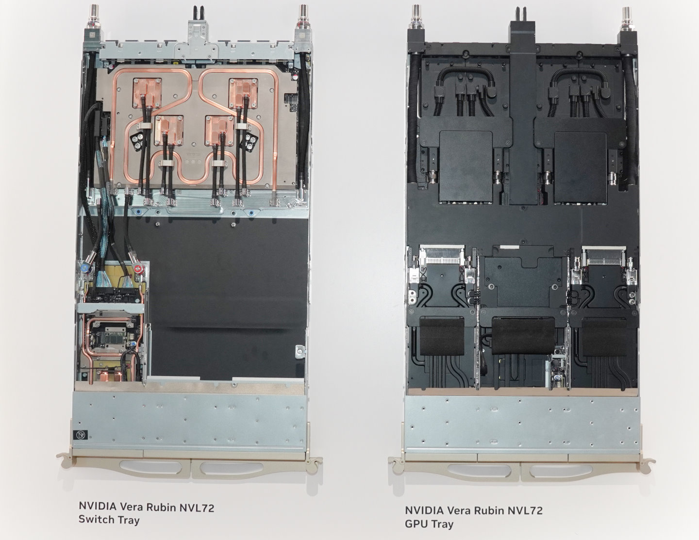 此外也有Rubin GPU托盤與NVL 72系統適用之交換器托盤，上述托盤都採用水冷散熱方案。