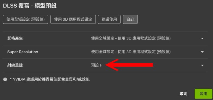 更新NVIDIA顯示卡驅動程式後，玩家從NVIDIA App內的DLSS模型覆寫選擇Preset F模型即可啟用DLSS 4.5光線重建。