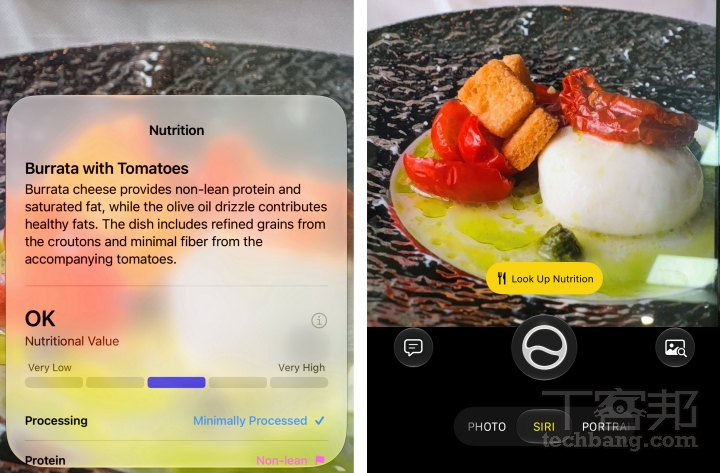 相機 App 新增 Siri 模式,結合視覺智慧功能,只需拍攝眼前物體即可進行即時辨識與營養資訊查詢。