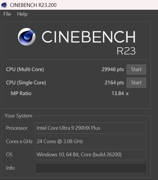 於 CINEBENCH R23測試中，多核心約為 29,948 pts，單核心約為 2,209pts，多、單核心的效能差距倍數為 15.91x。