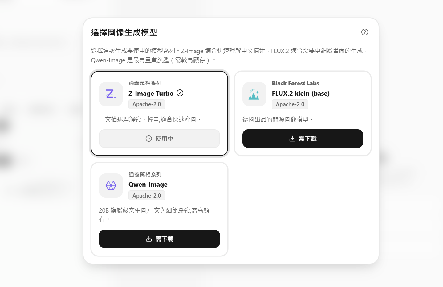 支援「文生圖」與「圖生圖」兩種，並可切換 Z-Image Turbo、FLUX.2 klein 及 20B 級別的 Qwen-Image 模型進行生圖。
