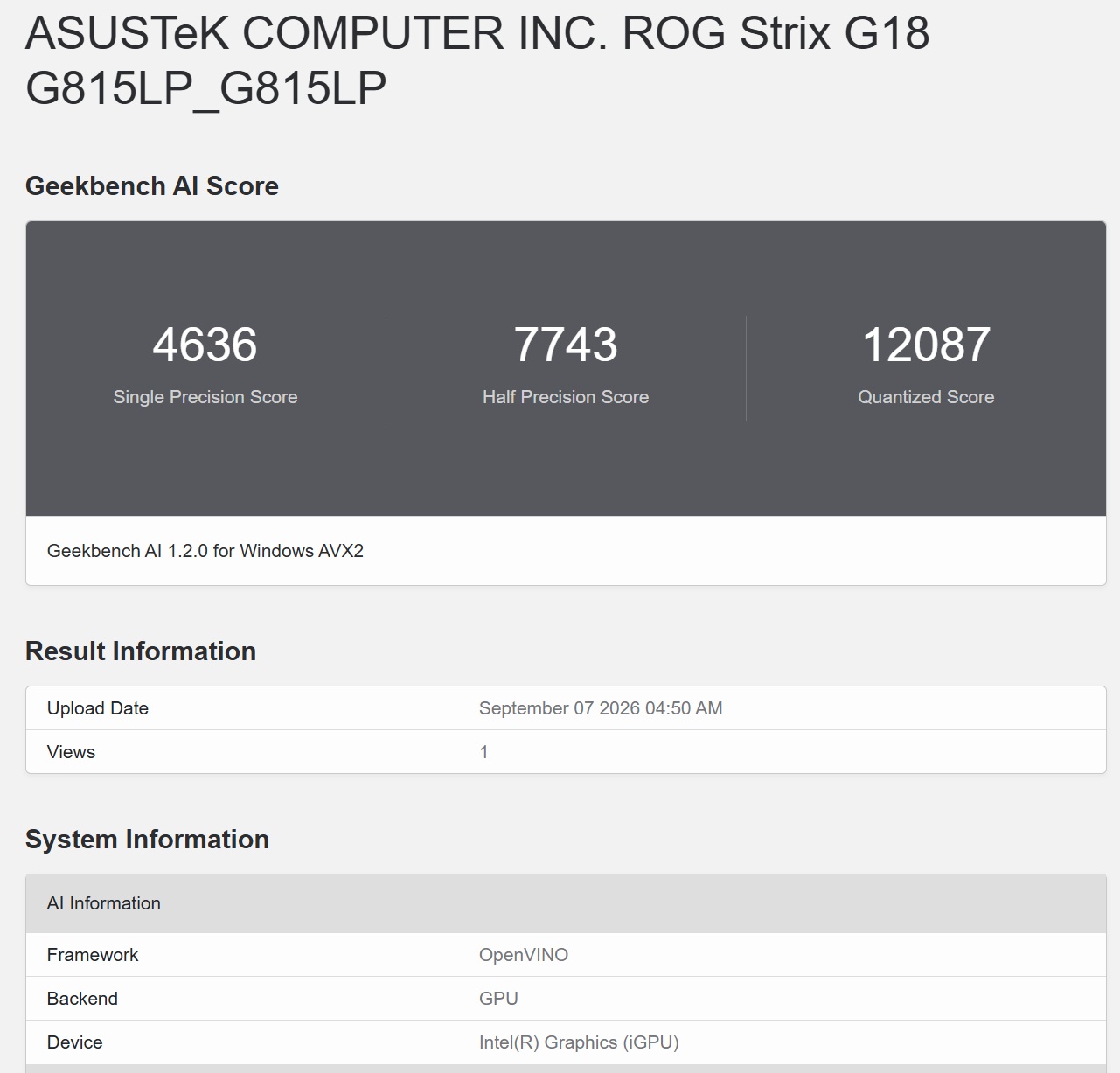 在 Geekbench 6 下進行 AI 測試，選定 OpenVINO 模式下，以 GPU（內顯） 進行測試，於 Quantized 項目分別獲得 4636、7743 與 12087 分，內顯於量化推論破萬分，半精度亦有發揮，整體循序遞增，適合通用型輕量加速。